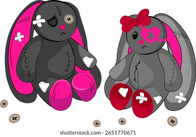 Vetor Dois adoráveis ainda esfarrapados coelhos de pelúcia zumbi, coelhinhos com pontos e botões sentam-se lado a lado, criando uma imagem vetorial ideal para Halloween, horror ou temas góticos.