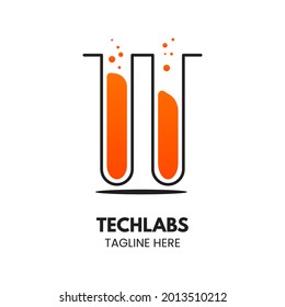 Vector Of Two Beaker Glass, Tube, Chemical, Laboratory, Chemistry With Liquid. Bio Tech Abstract, Simple Creative Logo Illustration. Used For Branding Symbol And Icon Of Science. Isolated Background.