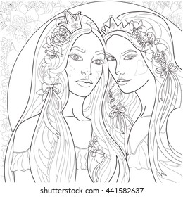 
 vector two beautiful princess dolls coloring