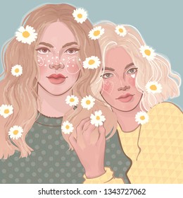 vector two beautiful young girls, a couple, with daisies in their hair, gently hugging