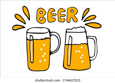 Vector Dos tazas de cerveza. Ilustración de doodle con texto grabado a mano Cerveza en fondo grueso. Icono de símbolo con tazas de cerveza artesanal. 