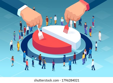 Vector of two big businessmen dividing financial pie chart, profits with people standing around 