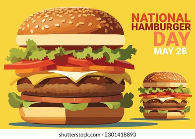 vector of two big and small hamburger with bold text to celebrate national hamburger day may 28 isolated on yellow background