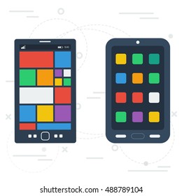 Vector two black smartphones with different colored tiles on the screen