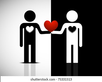 Vector two black and white figure of man holding red heart