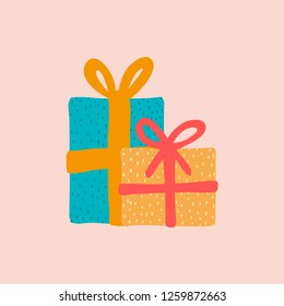 Vector of two blue and yellow gifts with pink and yellow bows