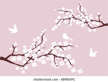 vector two branches in blossom with white birds
