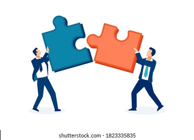 Vector Of Two Business Men Connecting Together Two Puzzle Pieces 