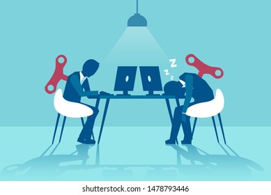 Vector de dos hombres de negocios sentados en la mesa, uno que corre bajo energía quedándose dormido en el lugar de trabajo y el otro que trabaja eficientemente en la computadora 
