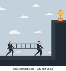 Vector two businessmen carrying ladders with trophy on the top of building. Teamwork and partnership concept illustration