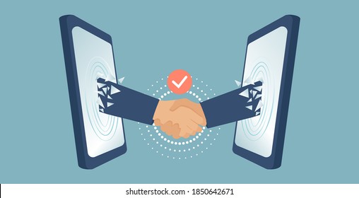 Vektorgrafik von zwei Geschäftsleuten Handshaking mit Händen aus dem Handy. Kooperationskonzept für Online-Geschäftsvereinbarungen