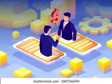 Vector of a two businessmen handshaking having online deal via mobile app technology 