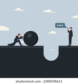 Vector dos hombres de negocios empujando la bola gigante con el jefe dando motivación. Ilustración del concepto de trabajo en equipo y motivación