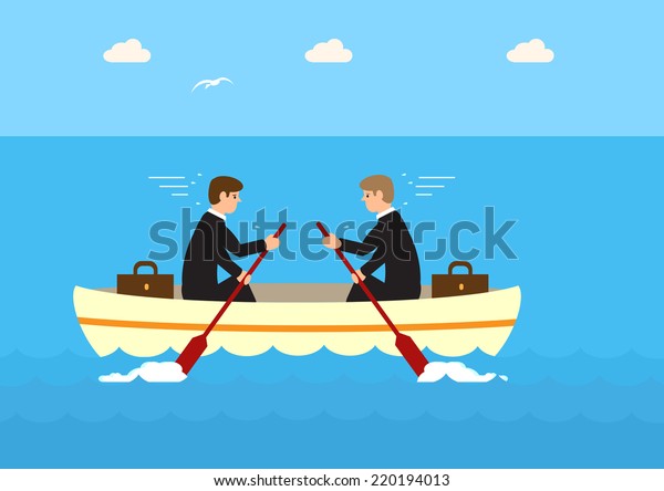 A vector of two businessmen in the same boat but\
rowing against each other and not moving. A metaphor on the effects\
of not working as a team.