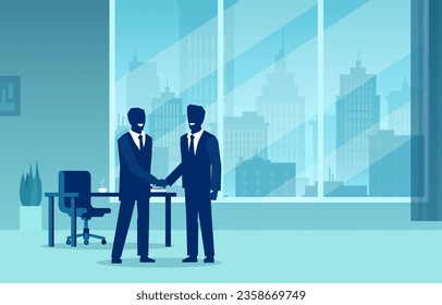 Vector of two businessmen shaking hands in a corporate office