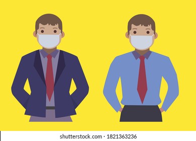 vector two bussiness man wearing mask with yellow background. For defence virus covid-19