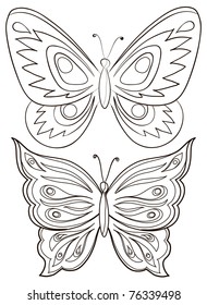 Vector, two butterflies, monochrome contours on a white background