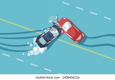 Vector of two car accident top view of vehicle collision on blue background