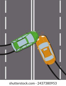 Vector de dos accidentes de coche vista superior de la colisión del vehículo. Accidente de carretera. Transporte dañado. Catástrofe de la ciudad. Colisión en carretera. Ilustración de vector de color plano de accidente de coche.