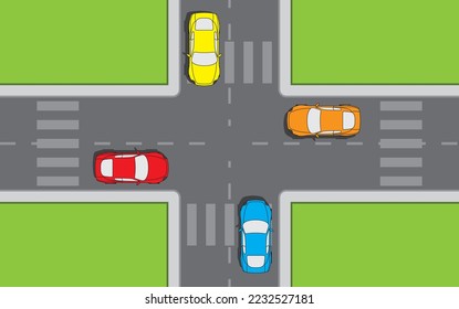 Vector of two car crashes of vehicle collision. Automobile collision. Traffic and vehicle crossings, traffic accident. Physics, science, math, geometry