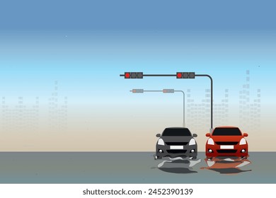 vector two cars in water flood on big city background