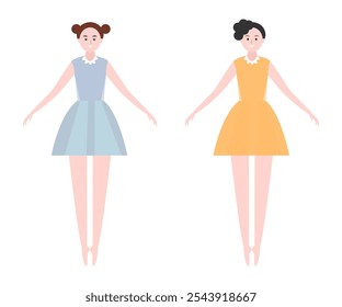 Vector of two cartoon girls in colorful dresses with cute expressions.