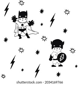 Vector of two cartoon superheroes, with sparks and black lightning bolts on white background. graphic decor print design, superhero and comic book concept digitally generated image.