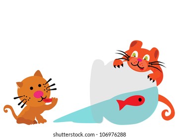 vector - Two cats and fish.Two cats waiting for eat a fish.