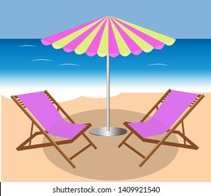 Vector of two chairs on the beach and parasol. Beach umbrella and two chaise longues. Resort beach. Vocations concept.