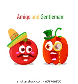 Vector two character of gentleman pepper and Mexican tomato. Illustration isolated on white background. Cartoon characters with mustache, monocle and hats.