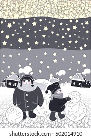 vector Two children mold the snowman, snowflakes are stars falling from heaven