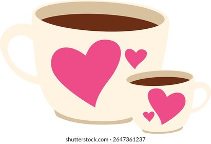 Vector of two coffee mugs in different sizes with pink hearts, symbolizing love, parenting, or affection in a sweet illustration.