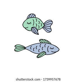 Vector two colored hand drawn doodle sketch fish isolated on white background