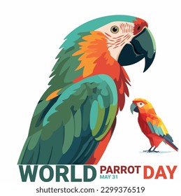 vector of two colorful parrot bird with bold text world parrot day may 31 isolated on white background. half body and full body