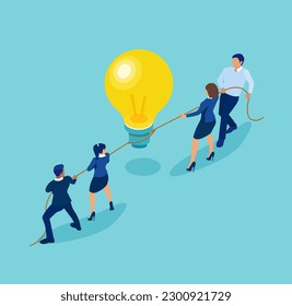 Vector of two competing groups of business people in a tug of war over a new idea