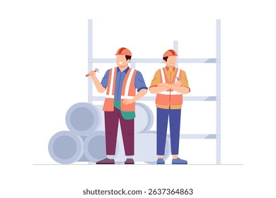 Vector of two confident construction workers posing in safety vests at a building site