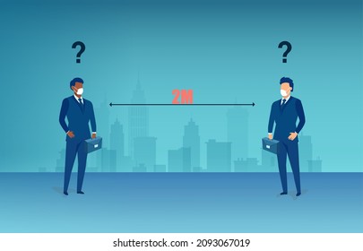 Vector of two confused business men keeping social distance 