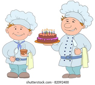 Vector, two cooks with sweet cake and cup of drink