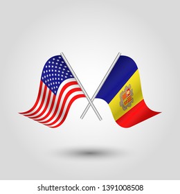 vector two crossed american and andorran flags on silver sticks - symbol of united states of america and andorra