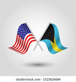 vector two crossed american and bahamian flags on silver sticks - symbol of united states of america and bahamas