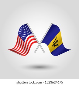 vector two crossed american and barbadian flags on silver sticks - symbol of united states of america and bargados