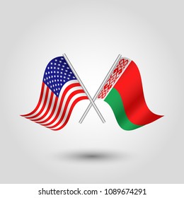 vector two crossed american and belarusian flags on silver sticks - symbol of united states of america and belarus
