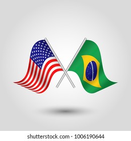 vector two crossed american and brazilian flags on silver sticks - symbol of united states of america and brazil