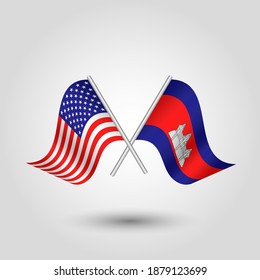 vector dos cruzó banderas americanas y camboyanas sobre palos de plata - símbolo de estados unidos de américa y camboya