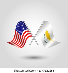 vector two crossed american and cypriot flags on silver sticks - symbol of united states of america and cyprus