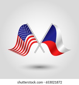 vector two crossed american and czech flags on silver sticks - symbol united states of america and czech republic