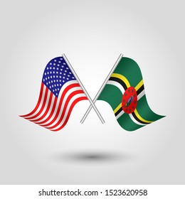 vector two crossed american and dominican flags on silver sticks - symbol of united states of america and dominica