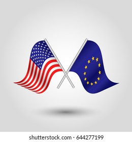 vector two crossed american and eu flags on silver sticks - symbol united states of america and european union 