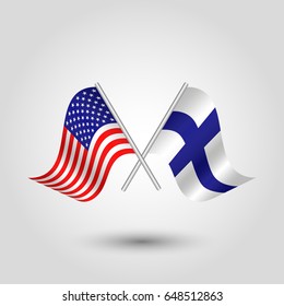 vector two crossed american and finnish flags on silver sticks - symbol of united states of america and finland