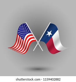 vector two crossed american and flag of texas on silver sticks - symbols of united states of america usa 
